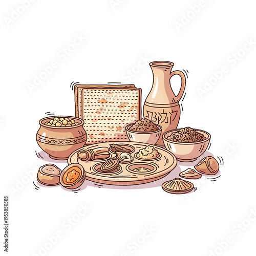 Traditional Passover Seder plate with symbolic foods, matzah, and wine jug, illustrating Jewish holiday customs.