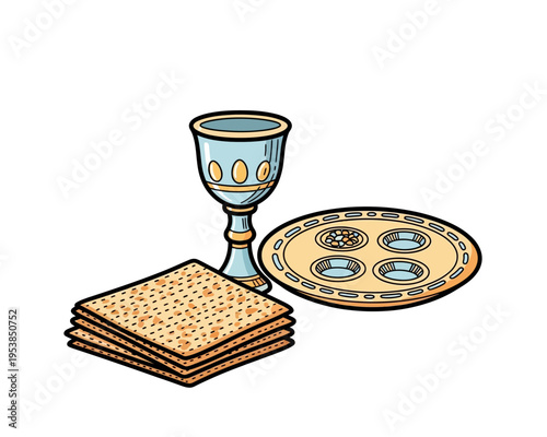 Passover Seder plate, matzah, and kiddush cup for Jewish holiday celebration.
