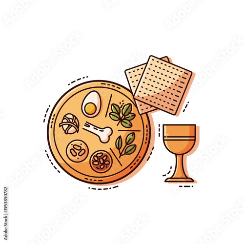 An illustration of a traditional Passover Seder plate with symbolic foods, matzah crackers, and a kiddush cup, representing the Jewish holiday.