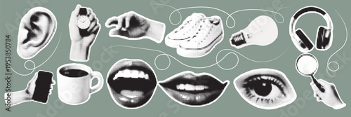Halftone pop art dot ear hand pointing finger shoe light bulb headphones magnifier mirror eye lips cup phone objects set vector illustration