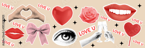 Halftone pop art dot heart lips rose bow eye hands heart shape wine glass love text romantic elements vector illustration