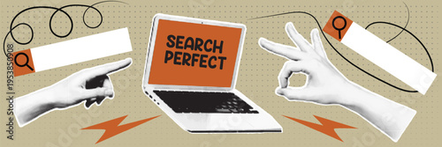 Halftone pop art dot laptop computer pointing hand ok gesture search bar magnifier icon search concept vector illustration