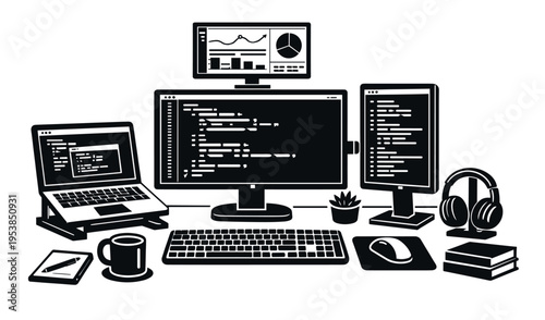 Modern home office desk set up for a software developer coding, debugging, and analyzing data on various screens