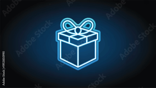 Neon blue gift box with ribbon on dark background