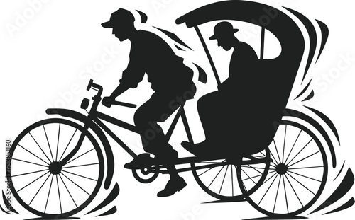 Traditional rickshaw pulling passenger in classic street transport silhouette