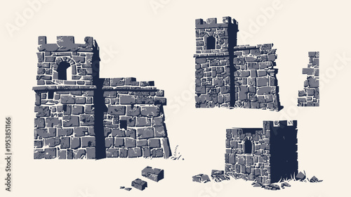 Stone-block remnants of ancient castle walls, in isometric, monochromatic scheme