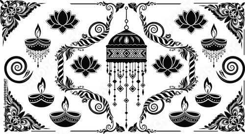 Foto Diwali decorative vector set with diya lamps, lotus flowers, ornate floral borde