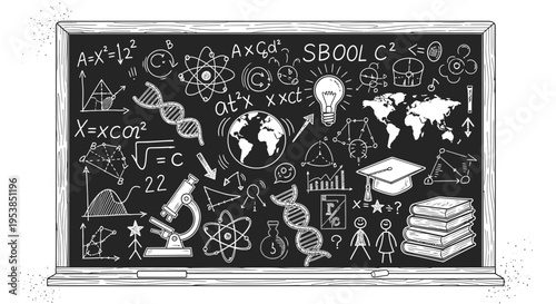 blackboard with educational icons and formulas