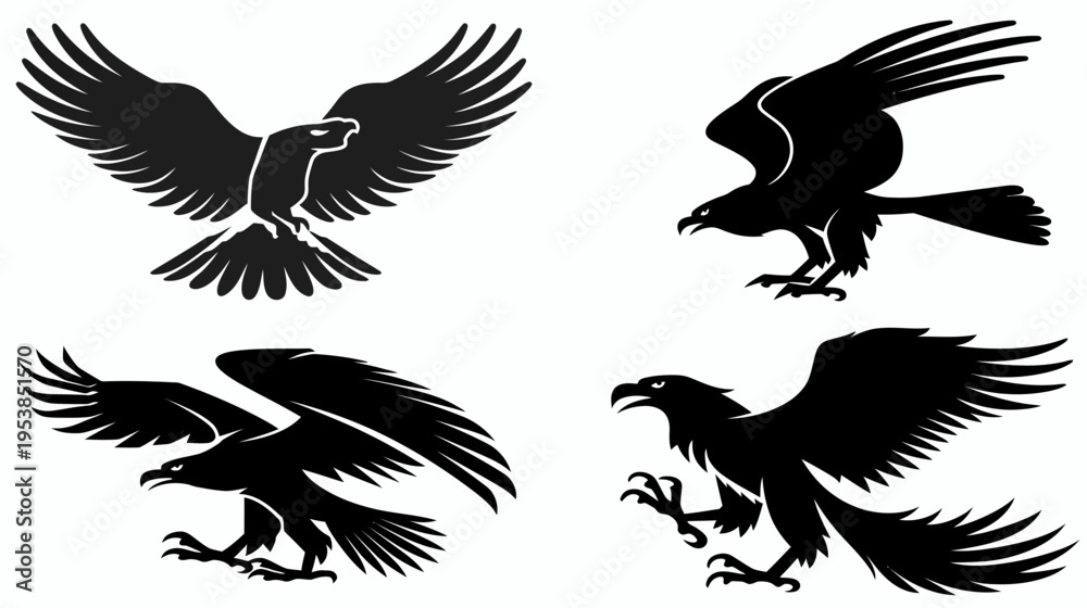 Fototapeta premium Four stylized black eagles in various flight poses against a white background