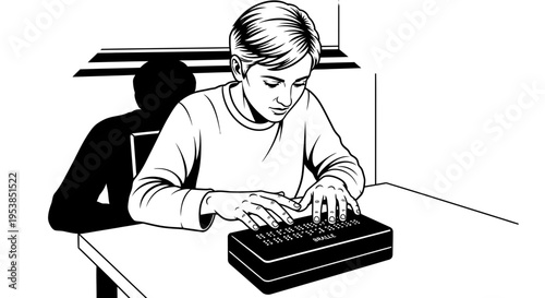 Boy typing on typewriter at desk