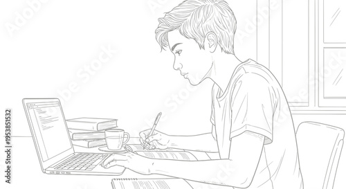 boy studying on laptop with books