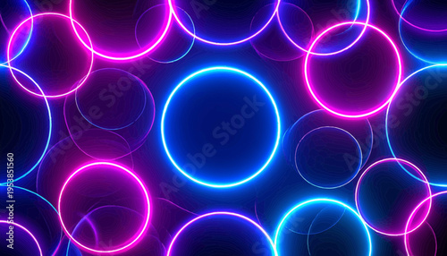 Abstract glowing neon circles on a dark background, vibrant purple and blue light effects