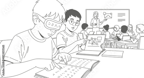 boys in classroom with braille book