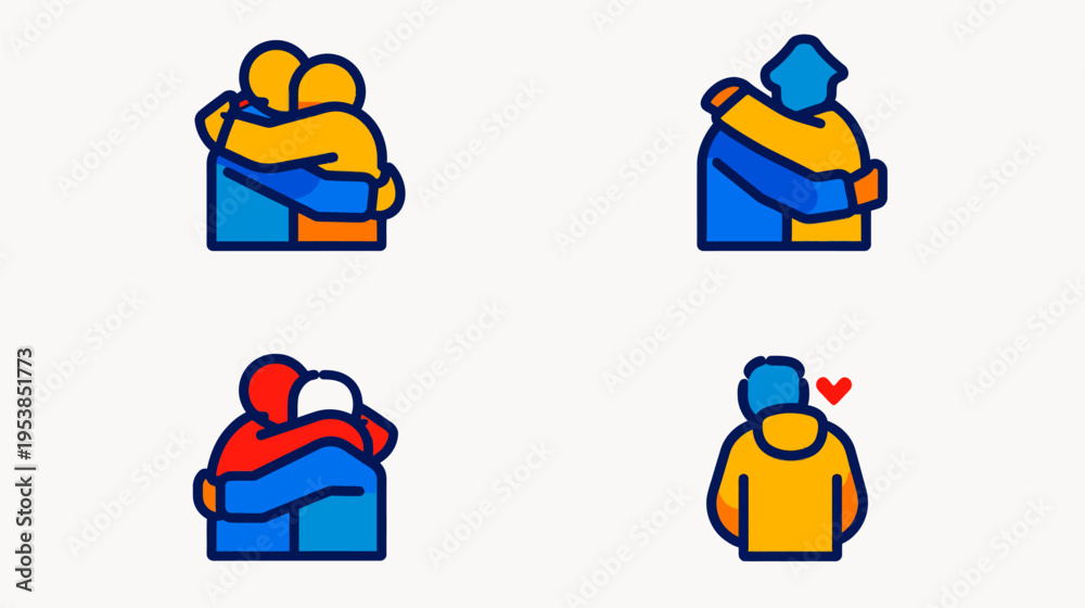 Fototapeta premium Diverse hugging figures are set against a white backdrop in a flat cartoon style
