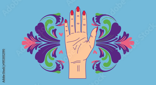 Stylized Human Palm with Heart Line and Colorful Decorative Floral Elements, Palmistry and Spiritual Connection Concept on a Light Blue Background