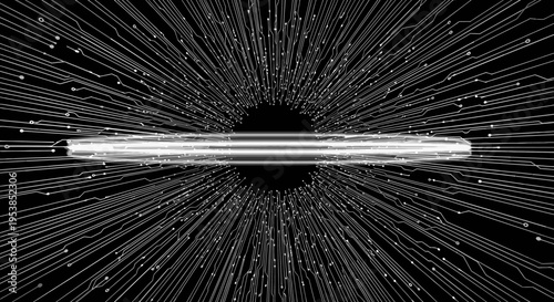 Futuristic Glowing Data Tunnel with Circuit Board Lines on Black Background