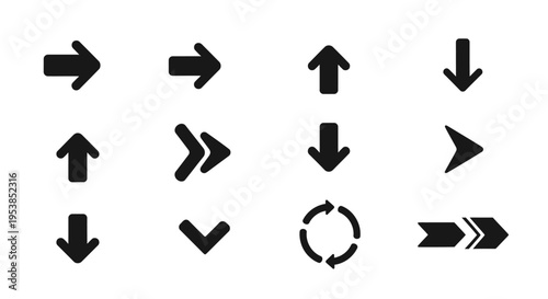 Collection of Black Arrow Icons in Various Directions and Styles on Isolated White Background