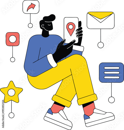 Man with phone showing location pin, surrounded by communication icons