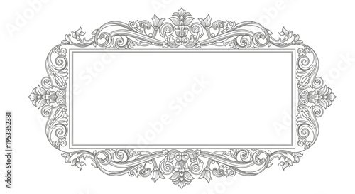 Elegant Vintage Ornate Rectangular Decorative Frame with Intricate Scrollwork on Isolated White Background