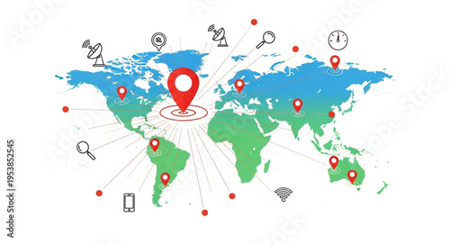 Global Network Connection - A World Map with Location Pins and Icons.
