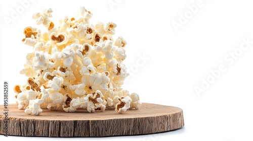 Fluffy Buttery Popcorn on Rustic Wooden Slice