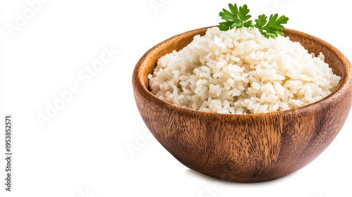 Fluffy White Rice in Rustic Wooden Bowl