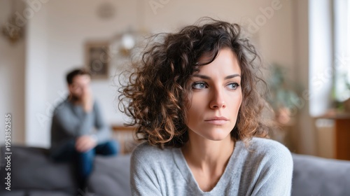 Upset young woman sitting at home feeling ignored and emotionally distant in relationship. Couple experiencing silent conflict, man in background avoiding conversation, domestic tension and loneliness