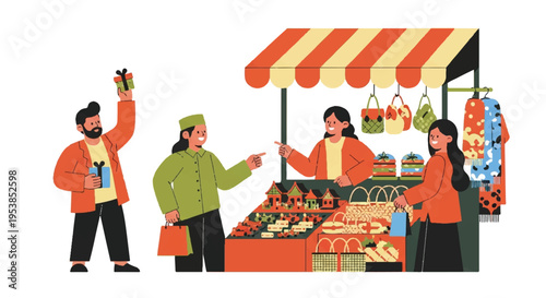 Marketplace illustration people buying and selling goods under red and yellow awning