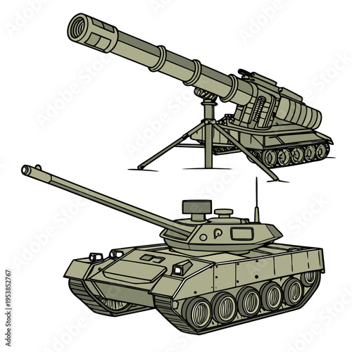 Military tank and self propelled howitzer on for army and weapon concepts