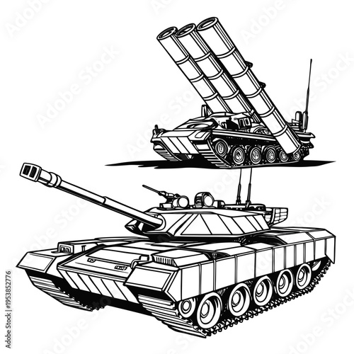 Military tanks and missile launcher for coloring book pages for kids and adults