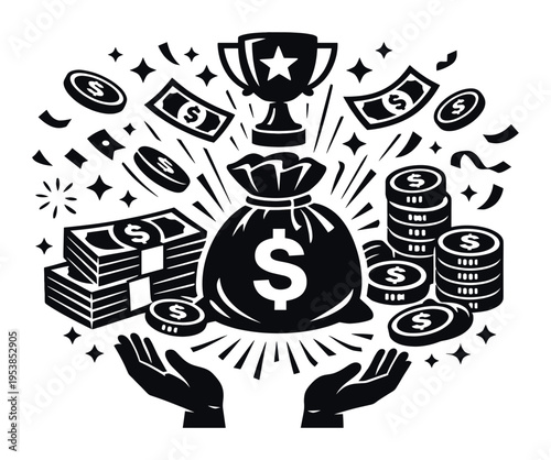 Hands receiving bursting money bag, dollar bills, coins, and trophy, representing financial gain, success, and prosperity