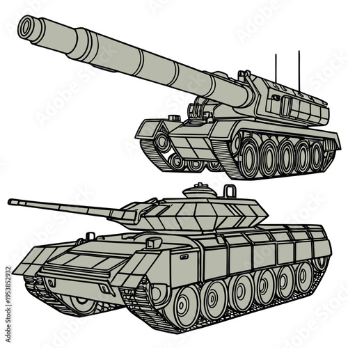 Two military tanks with long guns on isolated for design and combat concepts