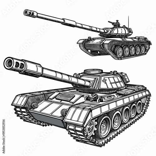 Two military tanks with long gun barrels on isolated for war and army concepts