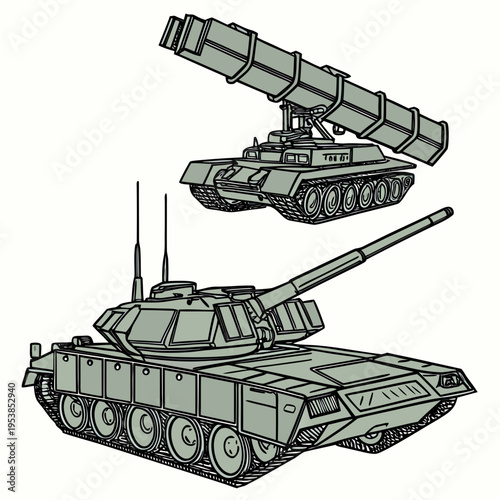 Military tanks with missile launcher and cannon on for army and defense concepts