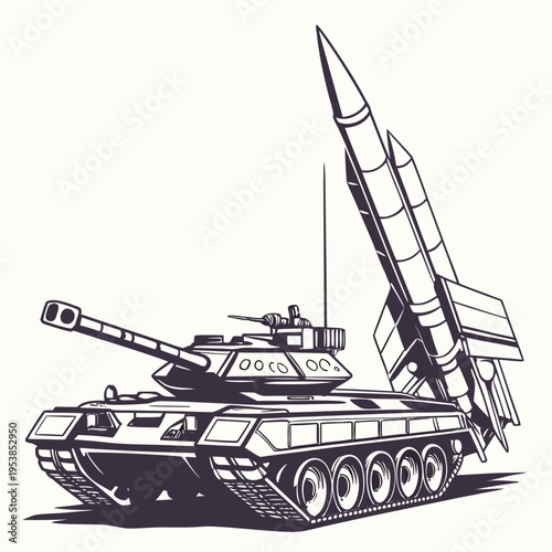 Black and white illustration of a tank with a large missile launcher