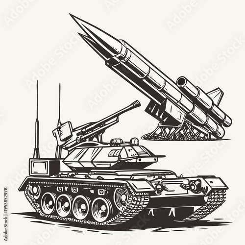 Military tank with missile launcher on top and rocket on launchpad for military and weapon concepts
