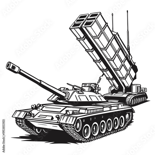 Black and white illustration of a military tank with missile launcher on top
