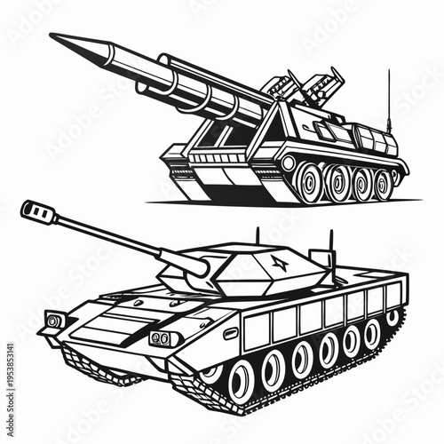 Military vehicles with missile launcher and tank on for kids coloring book pages
