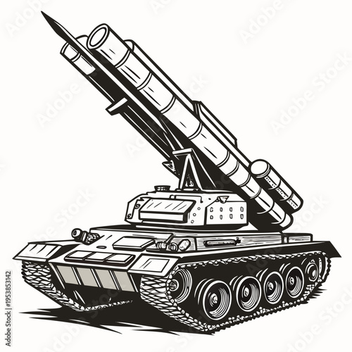 Black and white illustration of a military tank with missile launcher