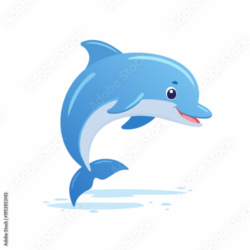 A delightful cartoon dolphin leaps joyfully from the water, showcasing a friendly smile and bright, curious eyes in this charming illustration