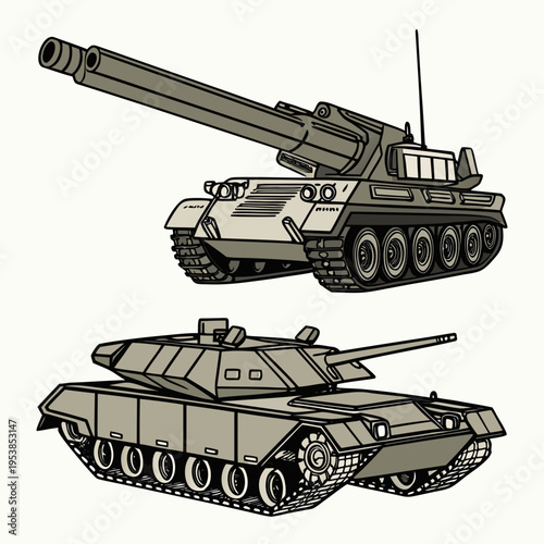 Military tanks with long gun and standard turret for army and warfare concepts