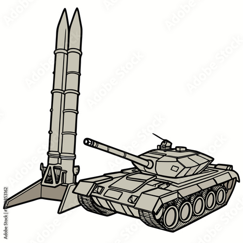 Military tank and missile launcher on a plain surface for combat operations and defense strategies