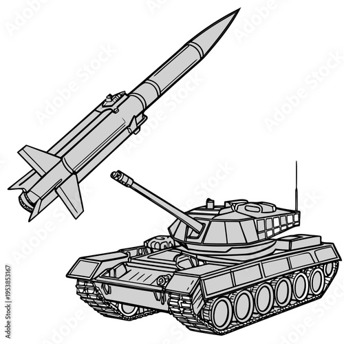 A black and white illustration of a tank launching a missile with military vehicle and weaponry