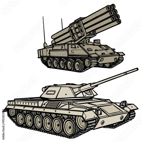 Military tanks and missile launcher vehicles in a graphic illustration style