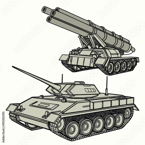 Military tanks and missile launcher on tracked vehicles for army and defense concepts