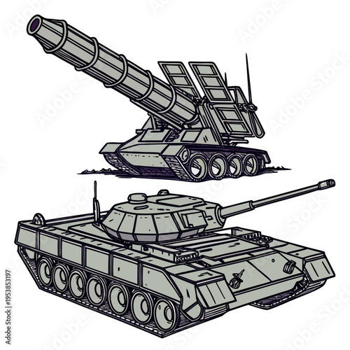 Military tanks and missile launcher on tracks for defense and warfare concepts