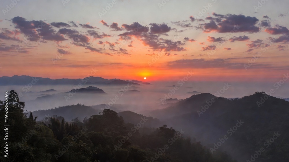 Naklejka premium Sun rising over misty mountain ridges at dawn panorama