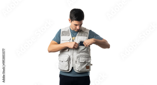 Man in outdoor vest putting phone in pocket on white background