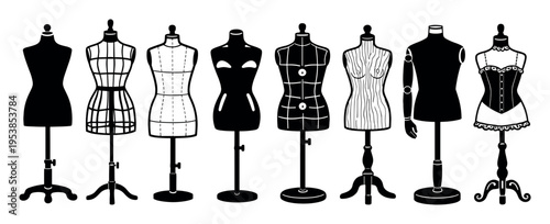 Collection of antique sewing torsos and display figures on stands, essential tools for garment creation, modeling, and boutique presentations