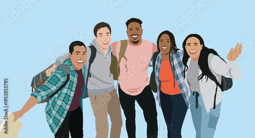 Diverse group of happy college students with backpacks and books standing together, education and campus life, flat vector illustration